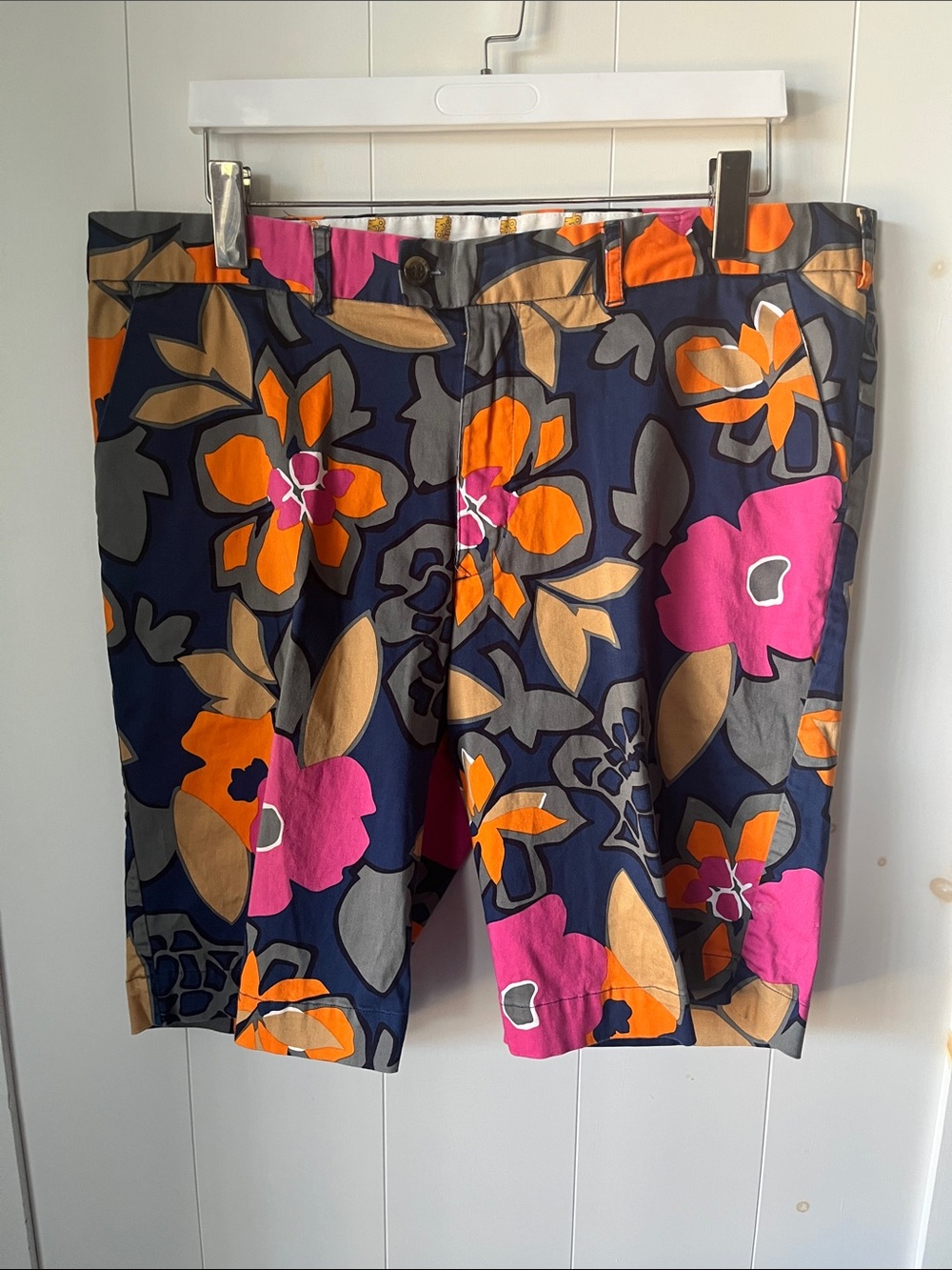 Men's Floral Print Bermuda Shorts in Navy with Pink & Orange